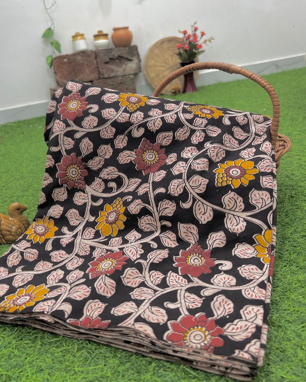 Hand Block Printed Cotton Kalamkari Black Colour 47 Inches Width