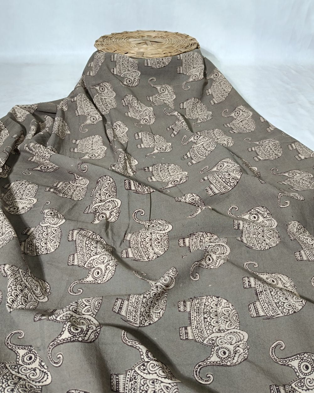 Hand Block Printed Cotton Kalamkari Light Grey Colour 46 Inches Width