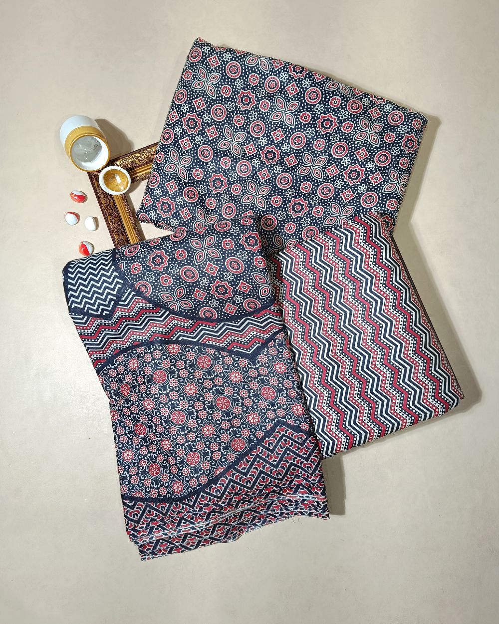 Printed Cotton Unstitched Top-Bottom Set with Dupatta Black Colour 44 Inches Width