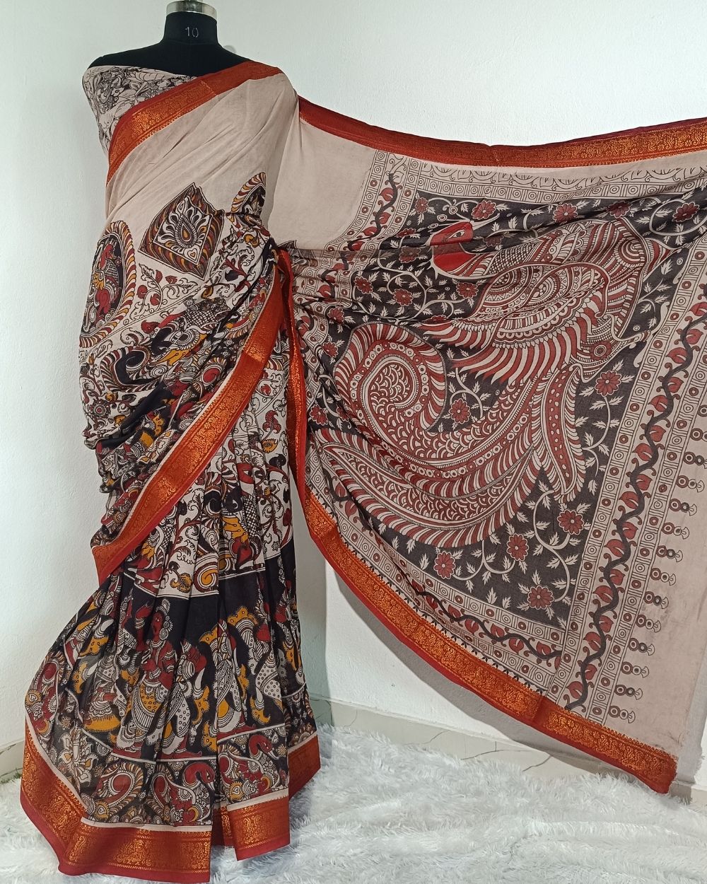 Hand Block Printed Cotton Kalamkari Saree with Blouse Piece Ivory Colour 46 Inches Width