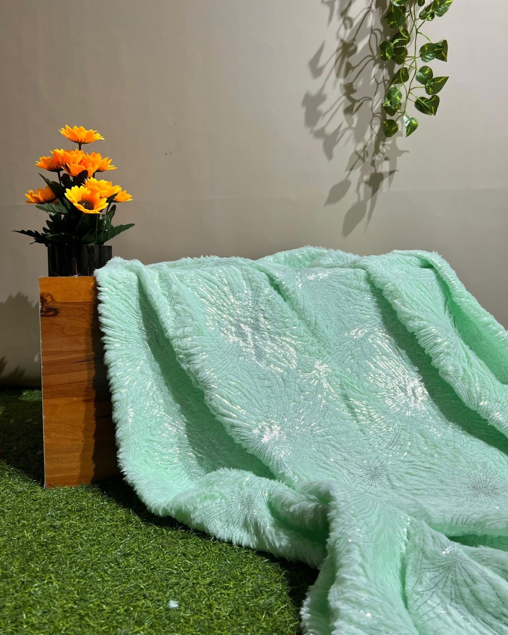 Imported Printed Foil Fur Pista Colour 60 Inches Width