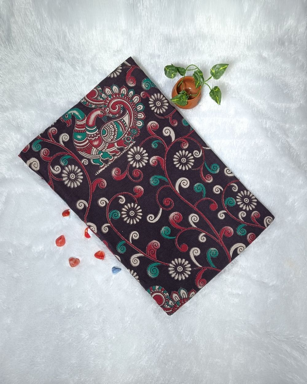 Hand Block Printed Cotton Kalamkari Black Colour 46 Inches Width