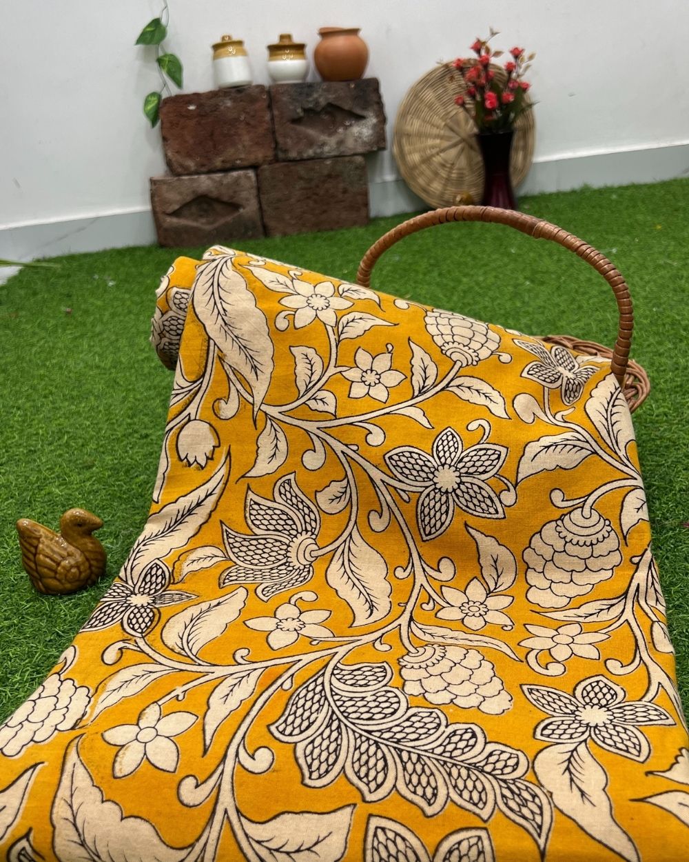 Hand Block Printed Cotton Kalamkari Yellow Colour 47 Inches Width