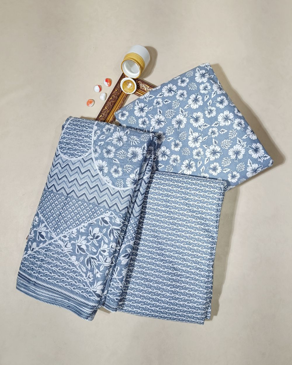 Printed Cotton Unstitched Top-Bottom Set with Dupatta Grey Colour 44 Inches Width