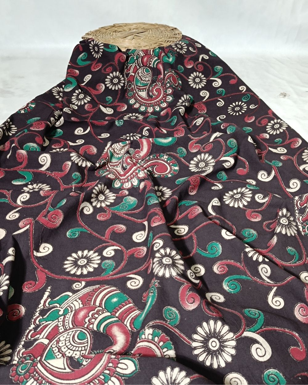 Hand Block Printed Cotton Kalamkari Black Colour 46 Inches Width