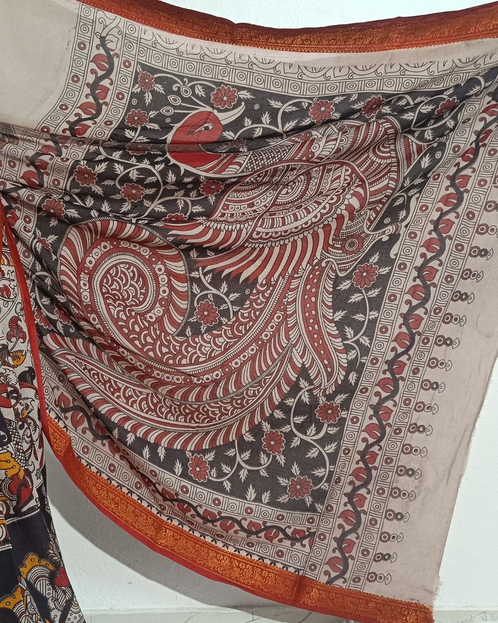 Hand Block Printed Cotton Kalamkari Saree with Blouse Piece Ivory Colour 46 Inches Width