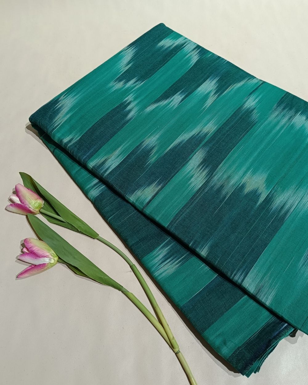 Woven Pure Cotton Ikat Peacock Green Colour 42 Inches Width