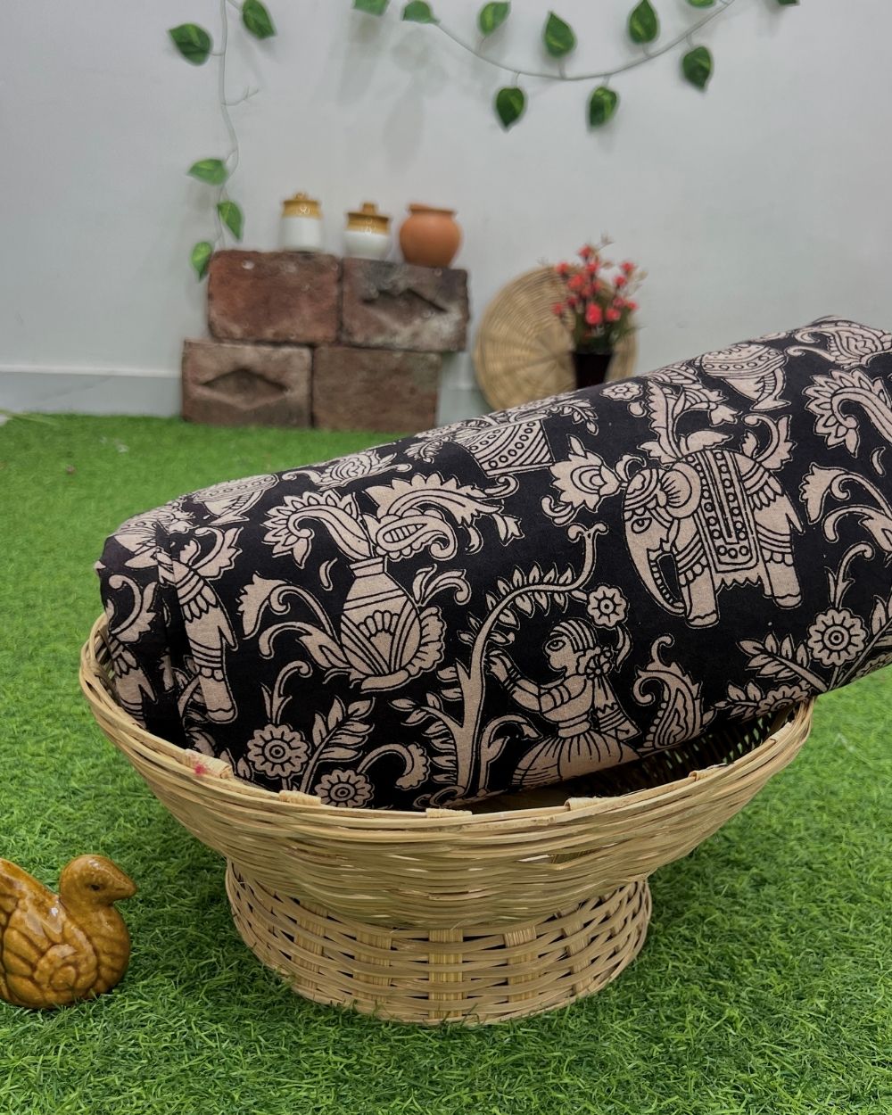 Hand Block Printed Cotton Kalamkari Black Colour 47 Inches Width