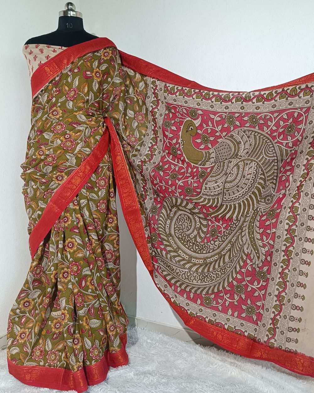 Hand Block Printed Cotton Kalamkari Saree with Blouse Piece Olive Green Colour 46 Inches Width