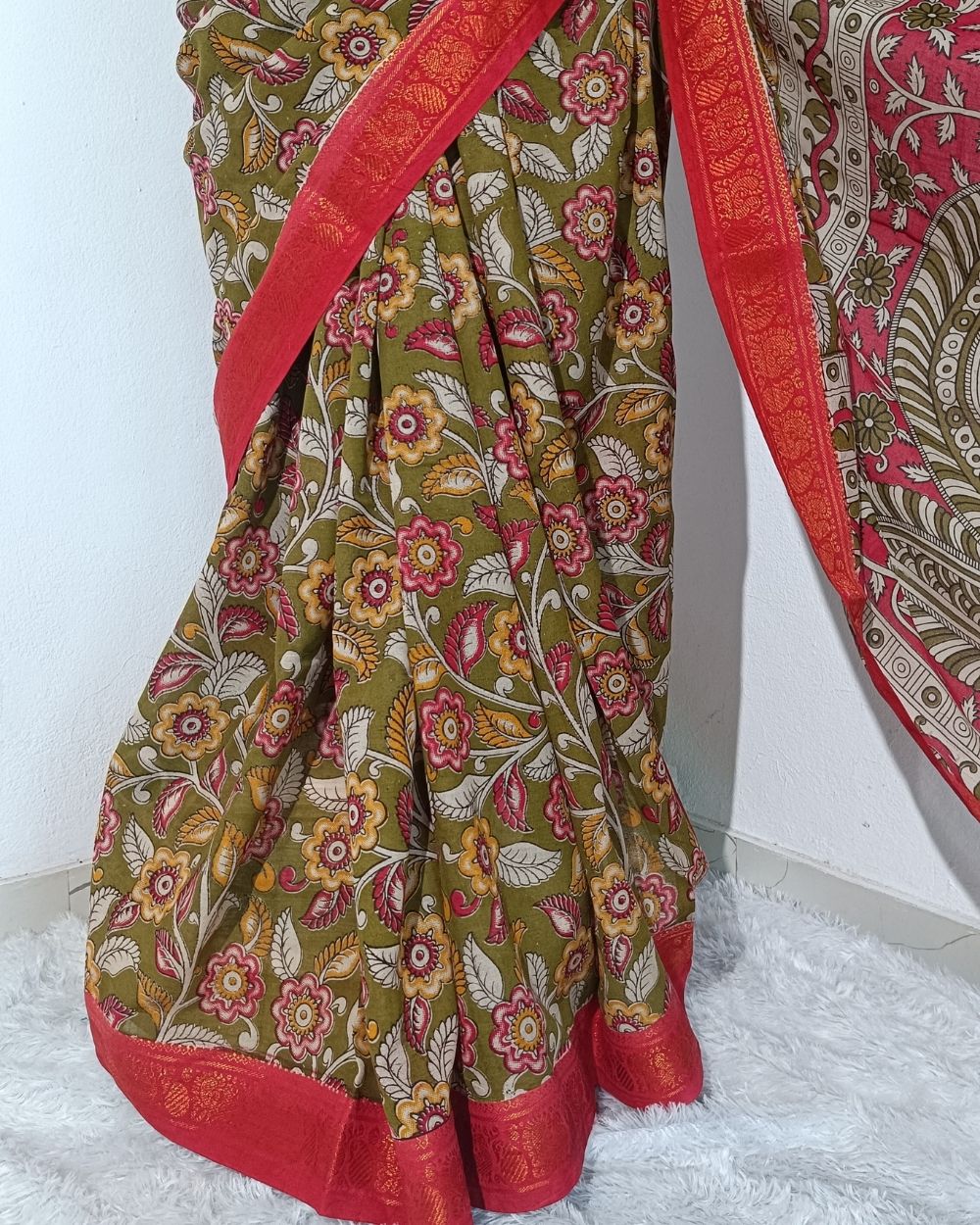 Hand Block Printed Cotton Kalamkari Saree with Blouse Piece Olive Green Colour 46 Inches Width