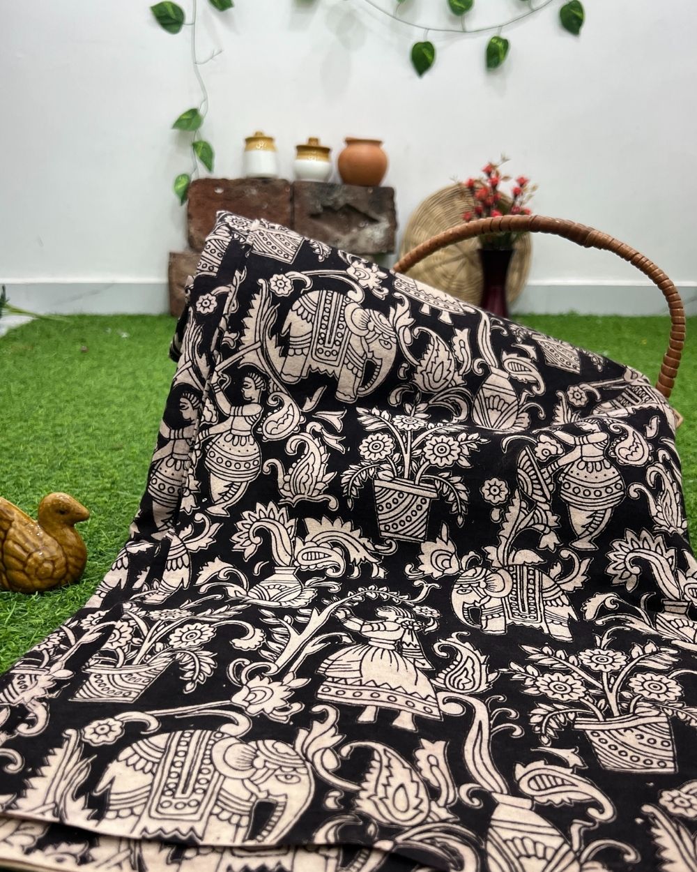 Hand Block Printed Cotton Kalamkari Black Colour 47 Inches Width