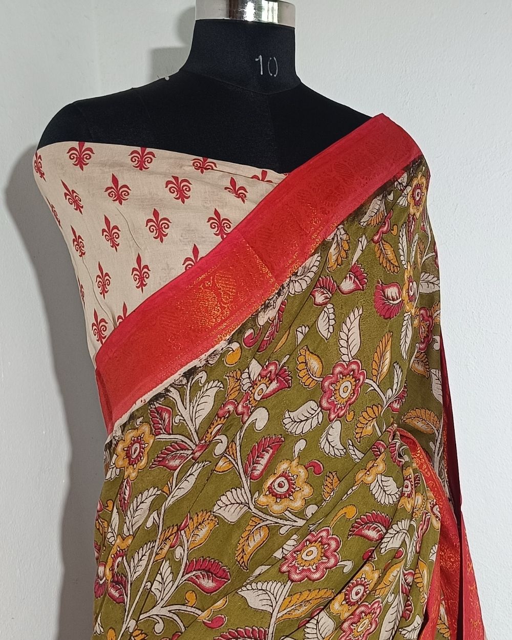 Hand Block Printed Cotton Kalamkari Saree with Blouse Piece Olive Green Colour 46 Inches Width