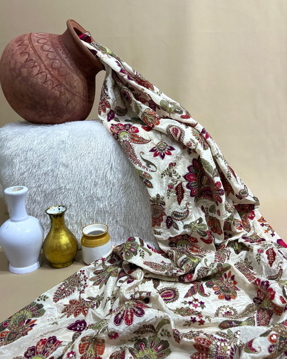 Natural Crepe Work Cream Colour 45 Inches Width
