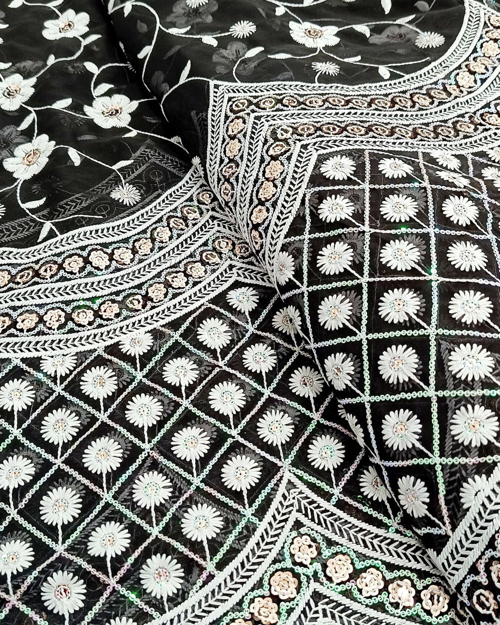 Georgette Work with Cutwork Panel Black Colour 43 Inches Width