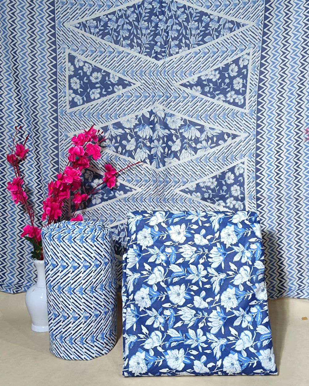 Printed Cotton Unstitched Top-Bottom Set with Dupatta Indigo Blue Colour 44 Inches Width