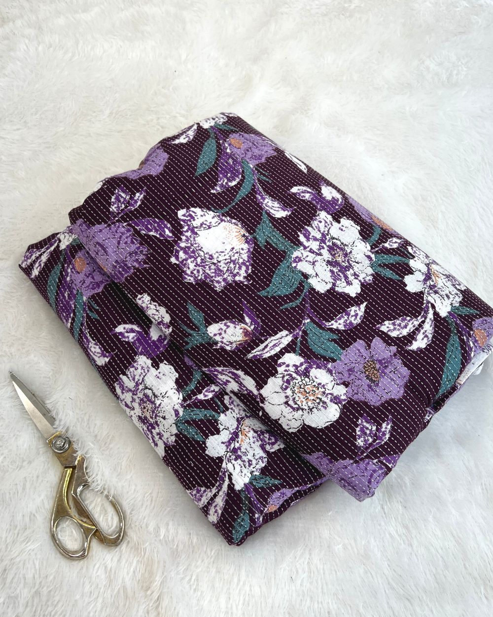 Printed Cotton Kantha Work Wine Colour 42 Inches Width