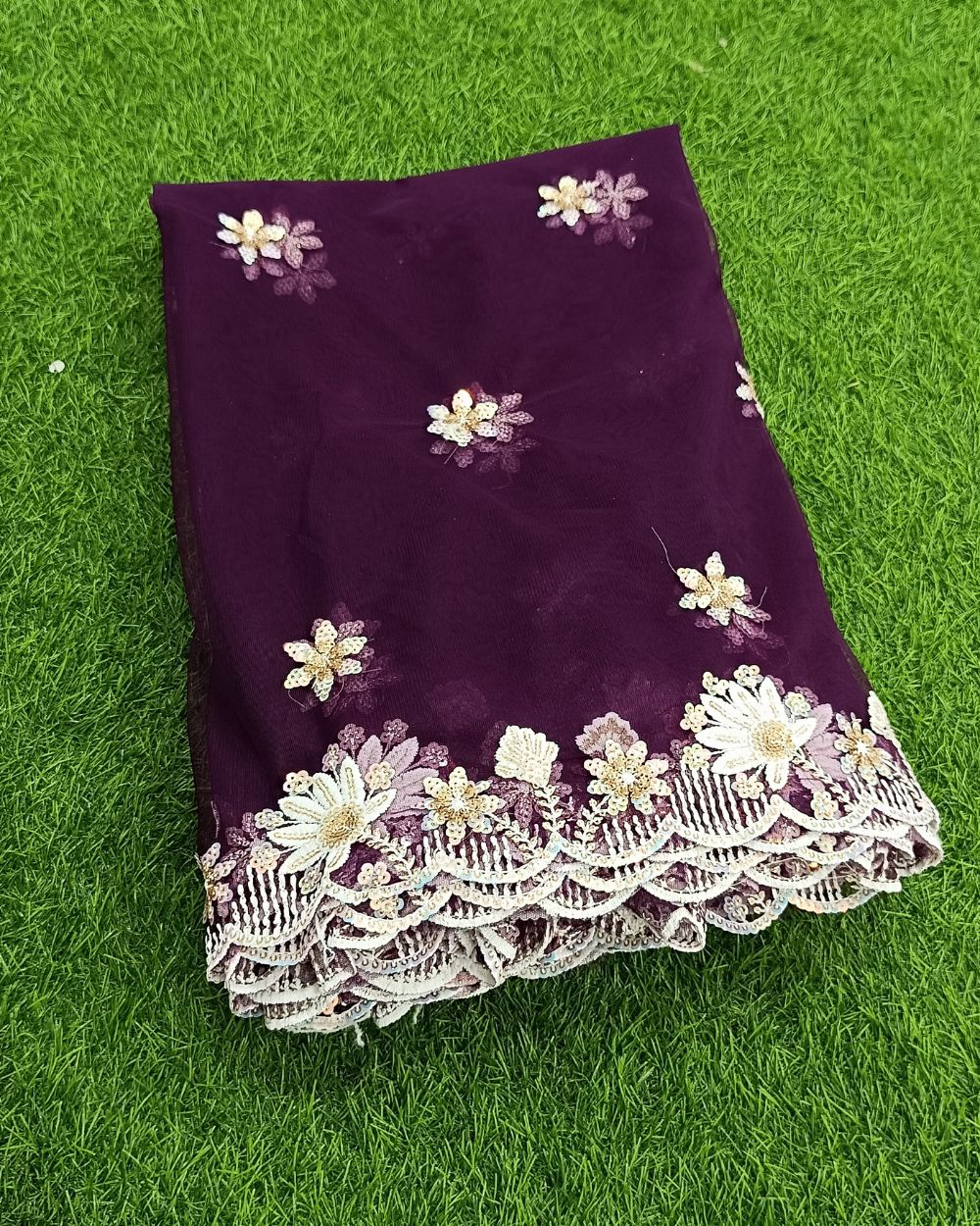 Net Work with Cutwork Border Dark Wine Colour 38 Inches Width