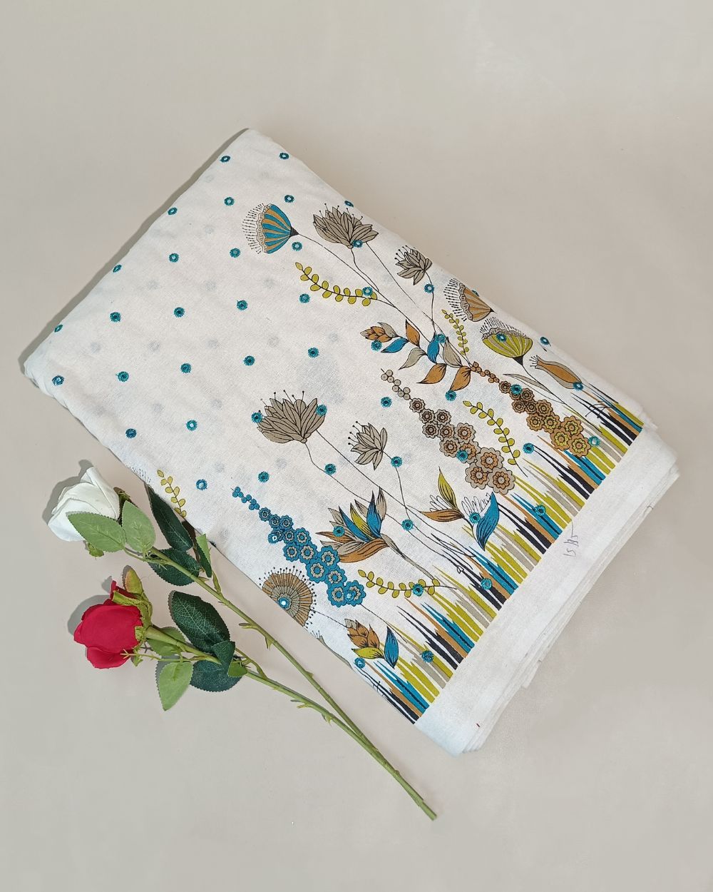 Khadi Cotton Abla Work with Border Peacock Green Colour 42 Inches Width