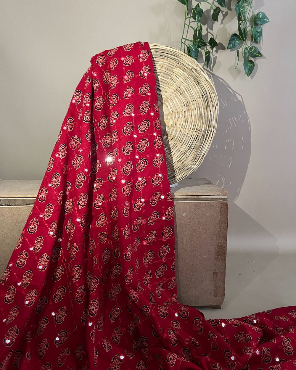 Cotton Abla Work Red Colour 44 Inches Width