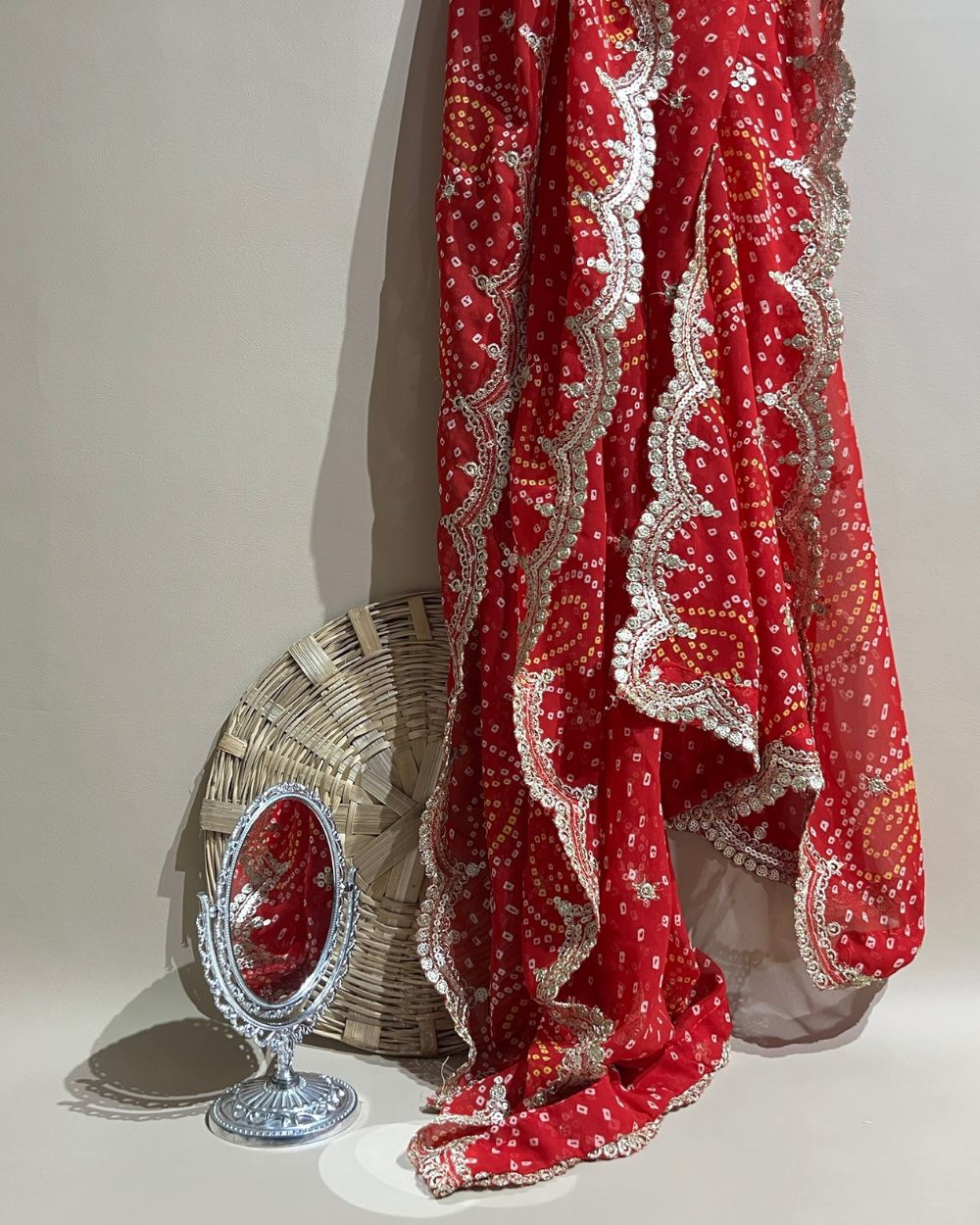 Georgette  Bandhani Dupatta with Cut Work Border Red Colour 37 Inches Width
