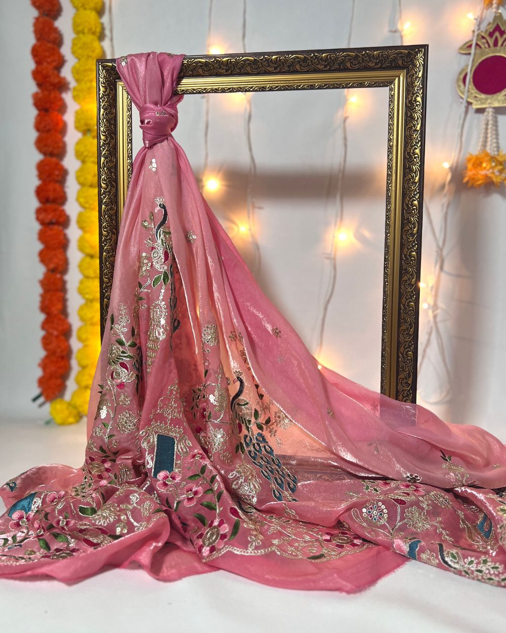 Shaded  Space Silk with Border Work Peach Pink Colour 46 Inches Width