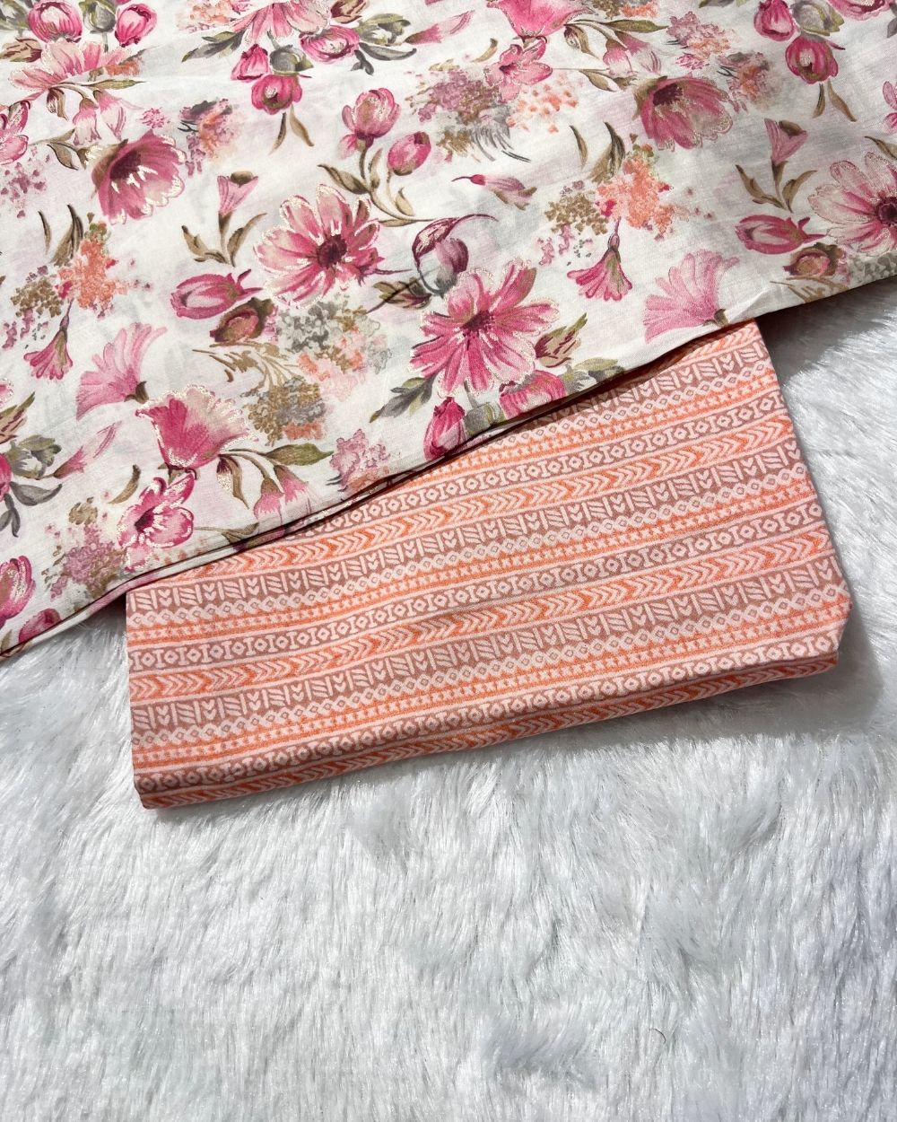 Printed Muslin Unstitched Top (2.40 mtr) & Bottom (2.00 mtr) Set Peach Colour 42 Inches Width