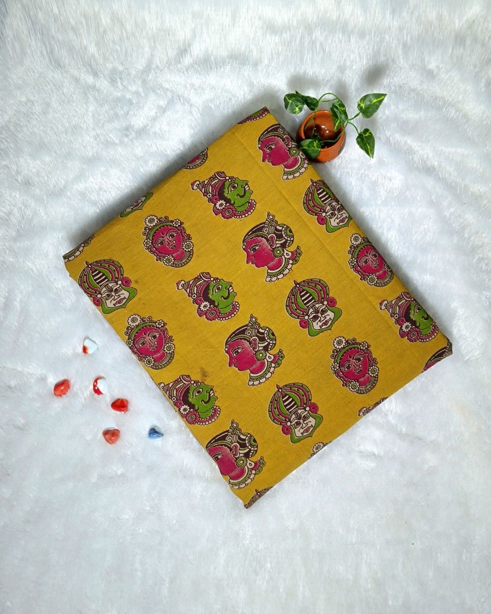 Hand Block Printed Cotton Kalamkari Lemon Yellow Colour 46 Inches Width