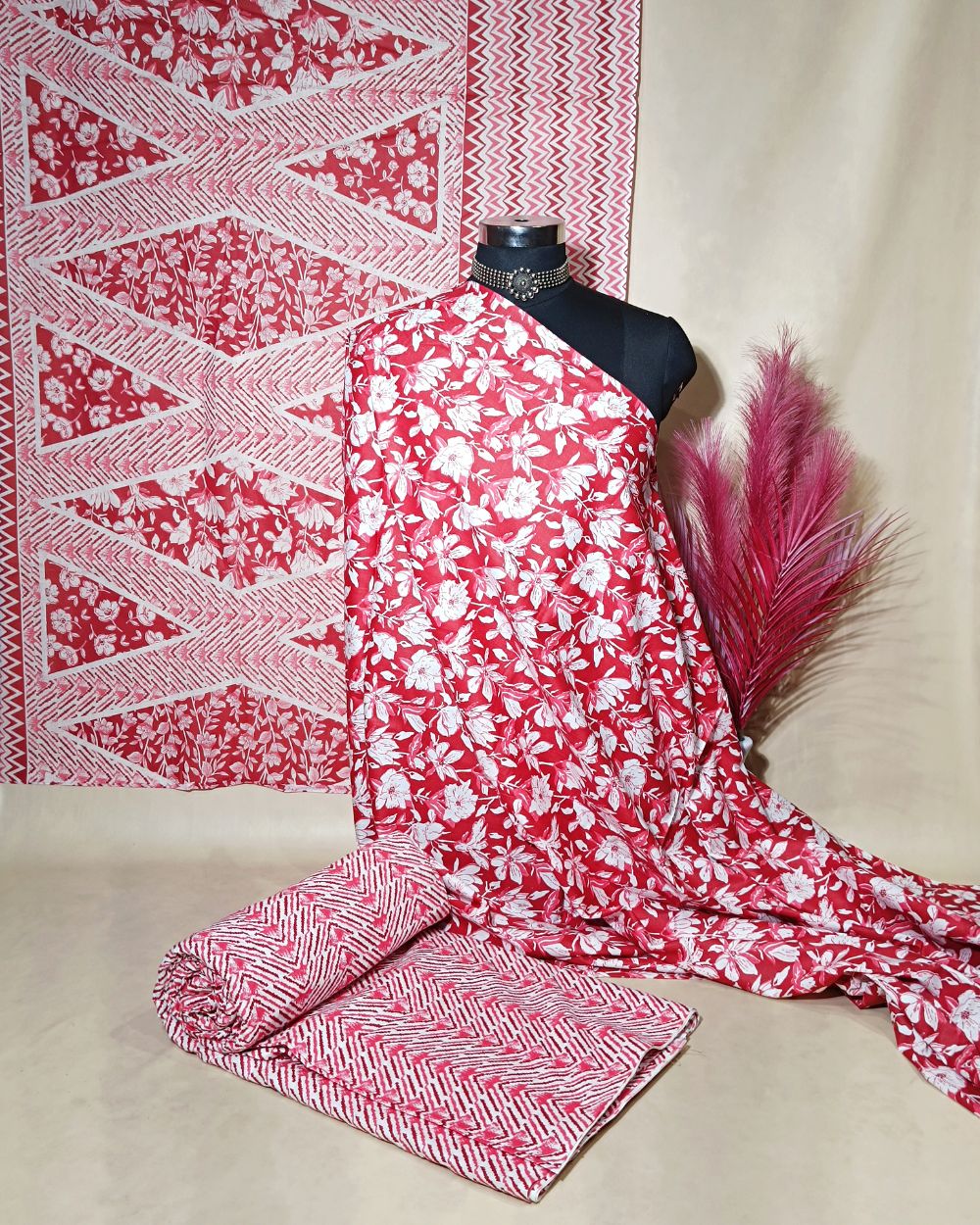 Printed Cotton Unstitched Top-Bottom Set with Dupatta Dusty Red Colour 44 Inches Width