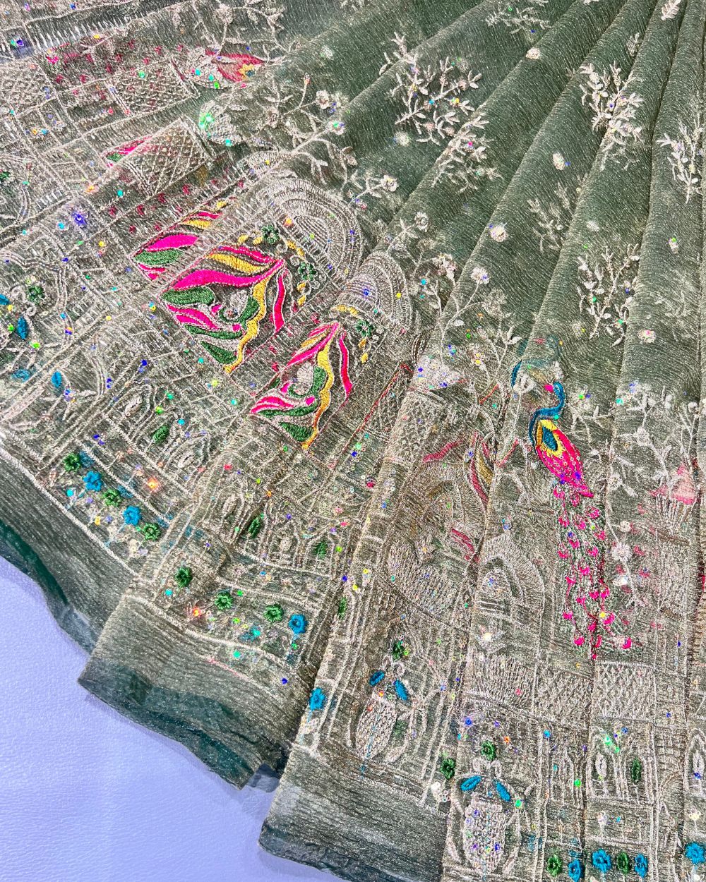 Premium Organza Crush Work Dusty Green Colour 42 Inches Width