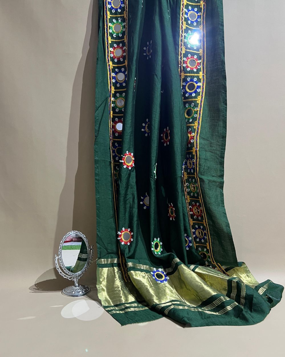 Abla Work Lagdi Patta Dupatta Art Silk Bottle Green Colour 42 Inches Width