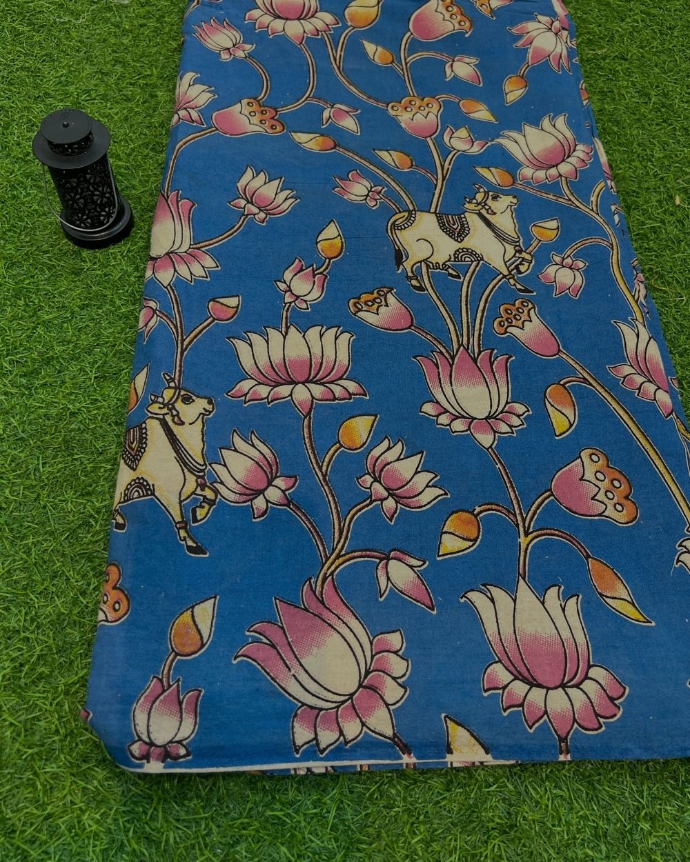 Hand Block Printed Cotton Kalamkari Blue Colour 47 Inches Width