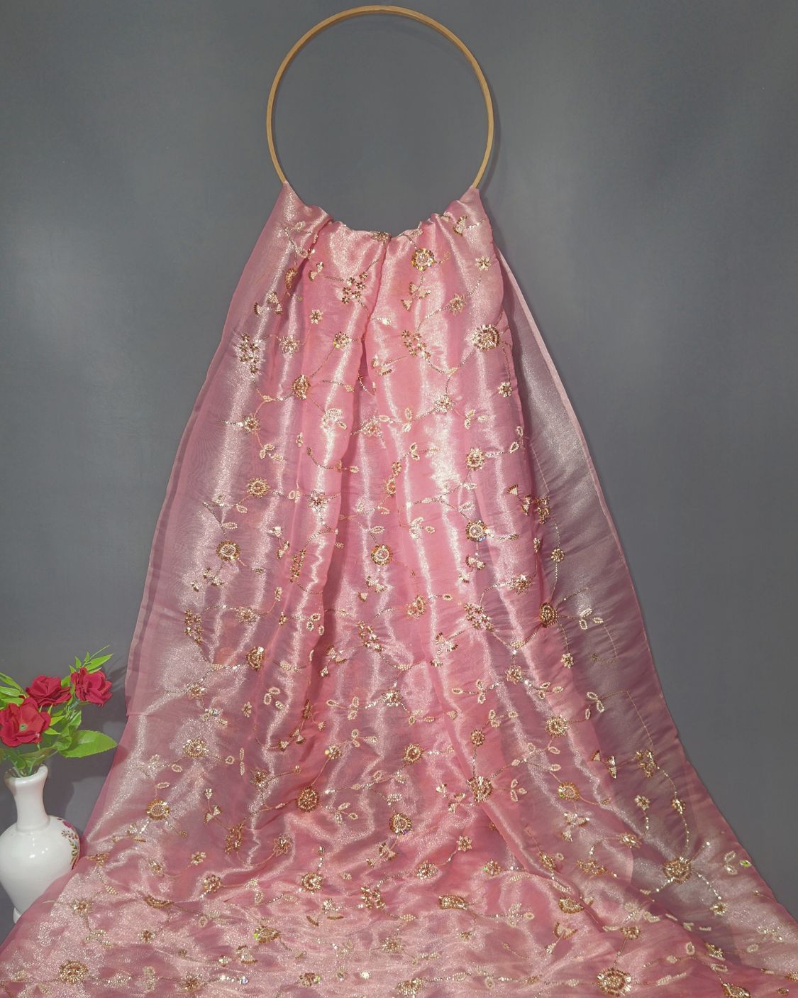 Shimmer Silk Work Peach Pink Colour 42 Inches Width