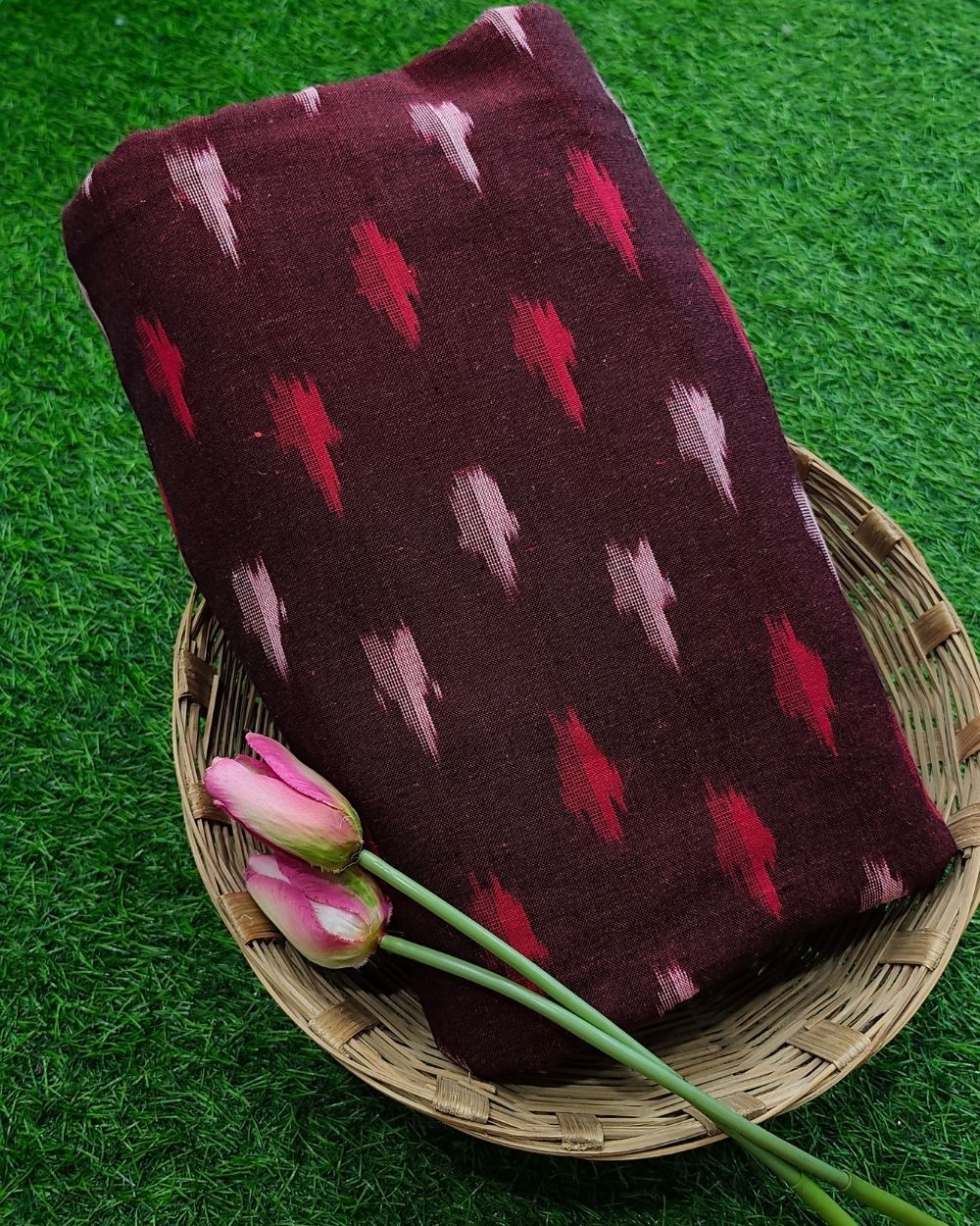 Woven Pure Cotton Ikat Maroon Colour 42 Inches Width