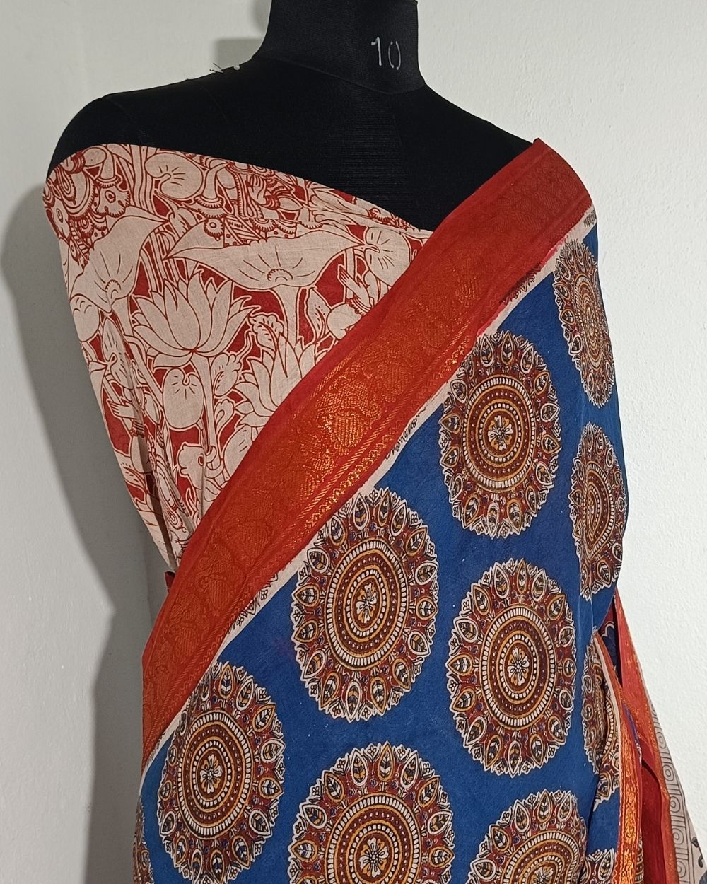Hand Block Printed Cotton Kalamkari Saree with Blouse Piece Blue Colour 46 Inches Width