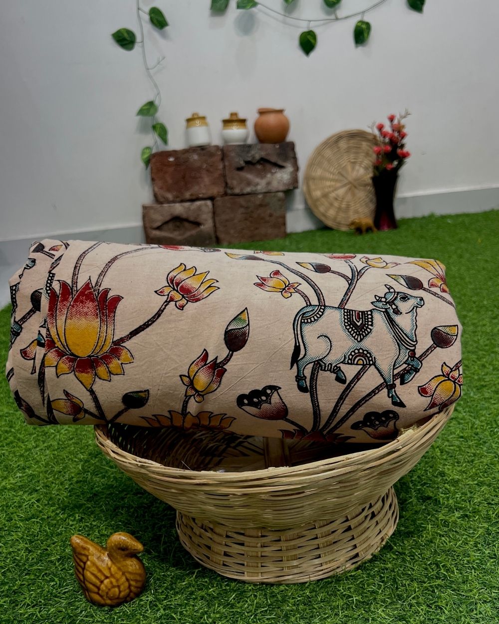 Hand Block Printed Cotton Kalamkari Cream Colour 47 Inches Width