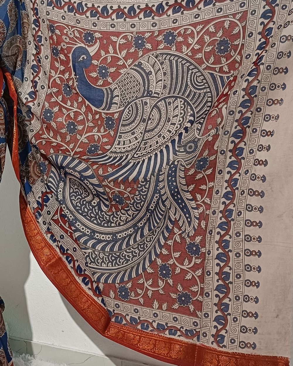 Hand Block Printed Cotton Kalamkari Saree with Blouse Piece Blue Colour 46 Inches Width