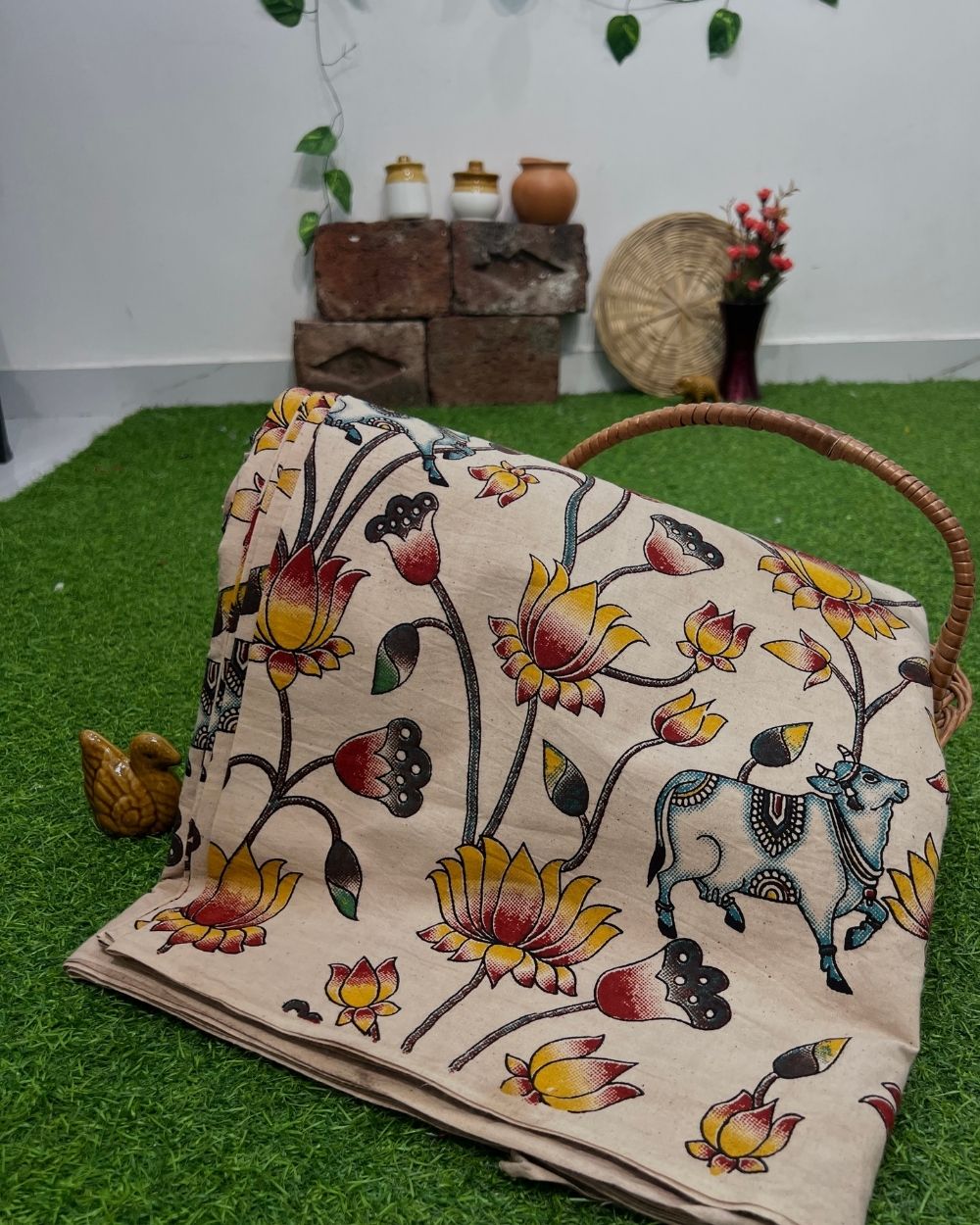 Hand Block Printed Cotton Kalamkari Cream Colour 47 Inches Width