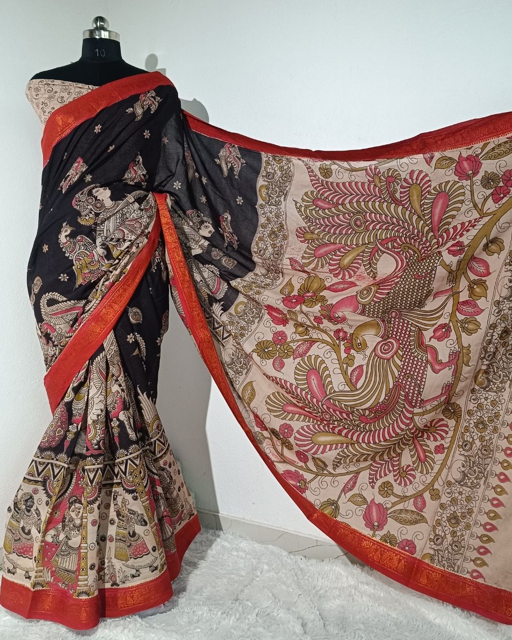 Hand Block Printed Cotton Kalamkari Saree with Blouse Piece Black Colour 46 Inches Width
