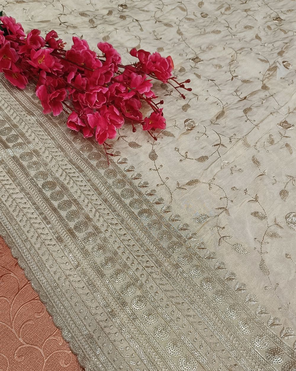 Dyeable Cosmos Border Work Golden Colour 48 Inches Width