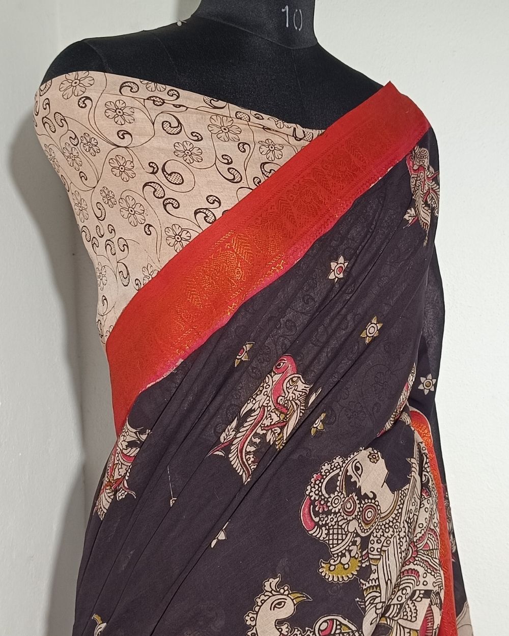 Hand Block Printed Cotton Kalamkari Saree with Blouse Piece Black Colour 46 Inches Width