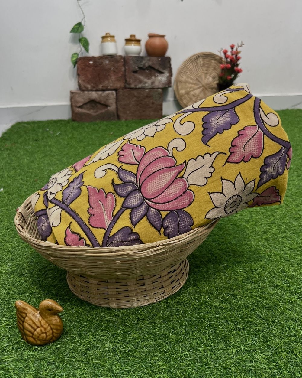 Hand Block Printed Cotton Kalamkari Yellow Colour 47 Inches Width