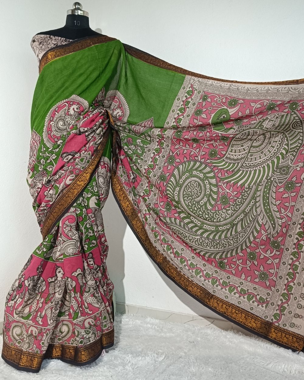 Hand Block Printed Cotton Kalamkari Saree with Blouse Piece Parrot Green Colour 46 Inches Width