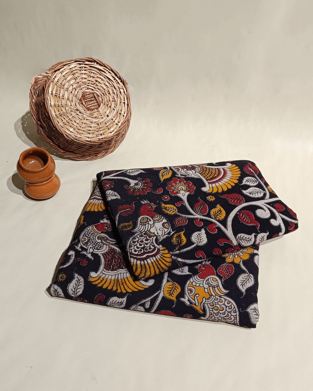 Hand Block Printed Cotton Kalamkari Black Colour 46 Inches Width