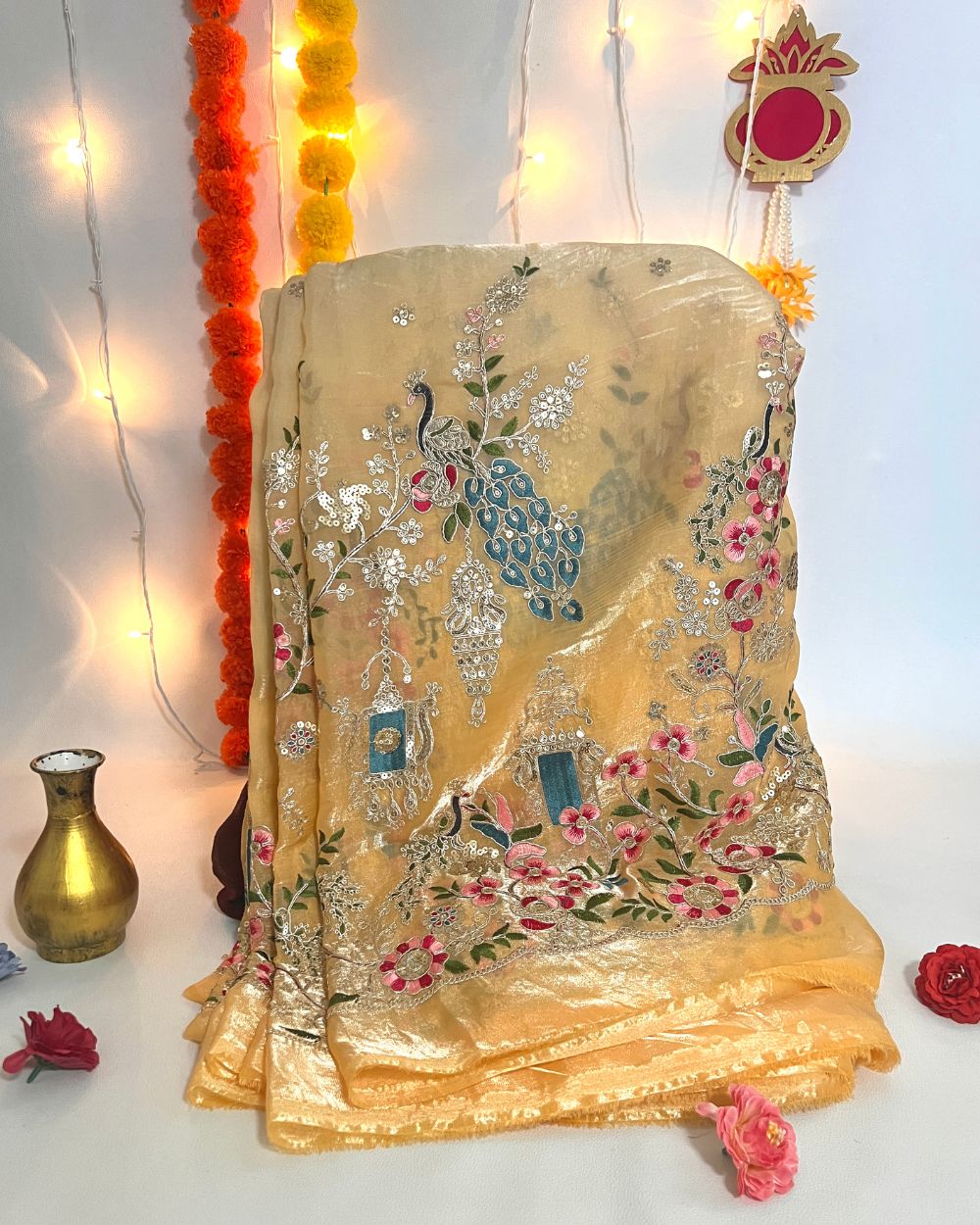 Shaded  Space Silk with Border Work Golden Colour 46 Inches Width