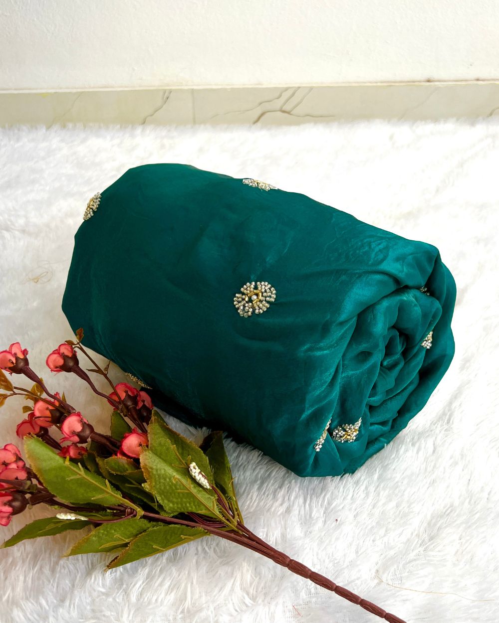 Space Silk Work Peacock Green Colour 44 Inches Width