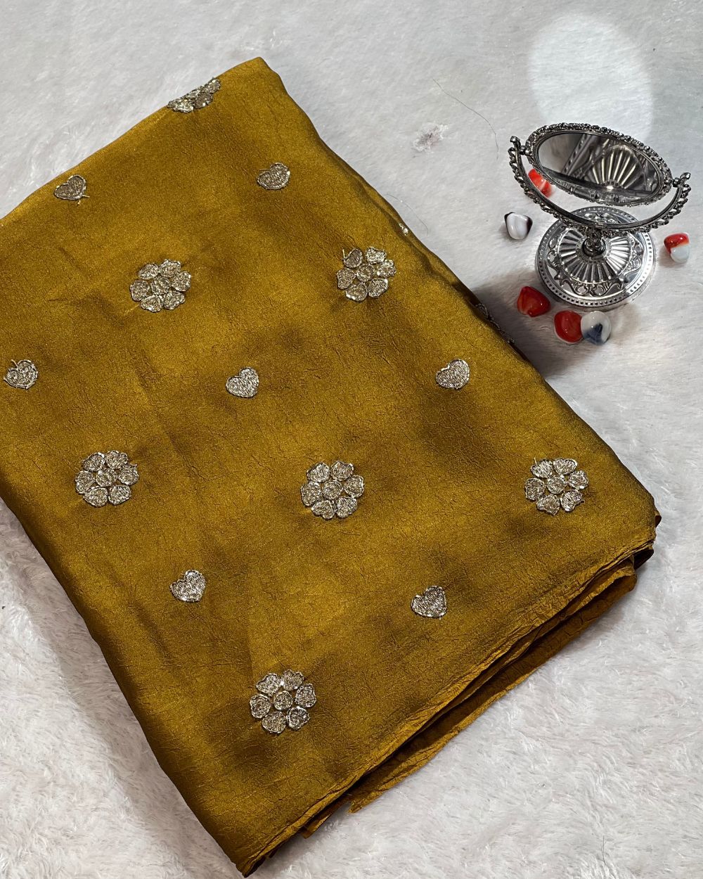 Rangoli Crush Silk Work Mustard Yellow Colour 42 Inches Width
