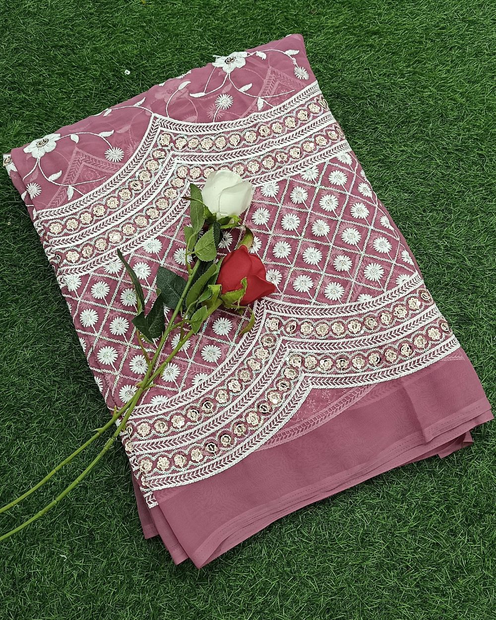 Georgette Work with Cutwork Panel Onion Pink Colour 43 Inches Width