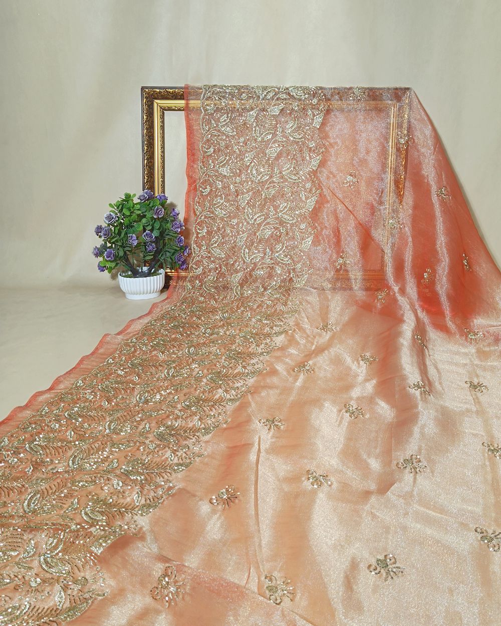 Hiranya with Border Work Peach Colour 45 Inches Width