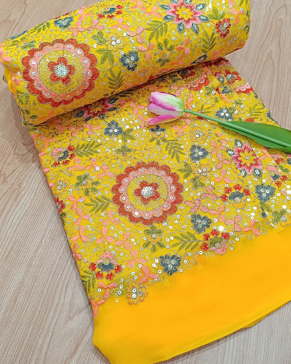 Georgette Work Yellow (Multicolor) Colour 42 Inches Width