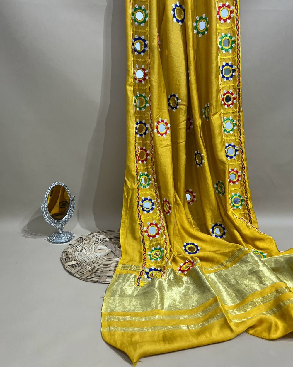 Abla Work Lagdi Patta Dupatta Art Silk Golden Colour 42 Inches Width